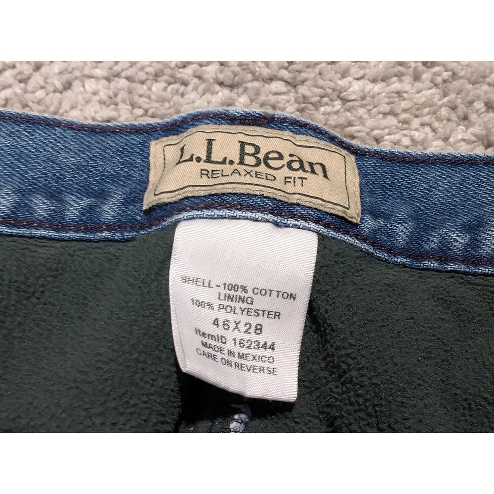 LL Bean Jeans Mens 46x28 Blue Relaxed Fit Fleece Lined Denim Pants Workwear Warm - Picture 2 of 6